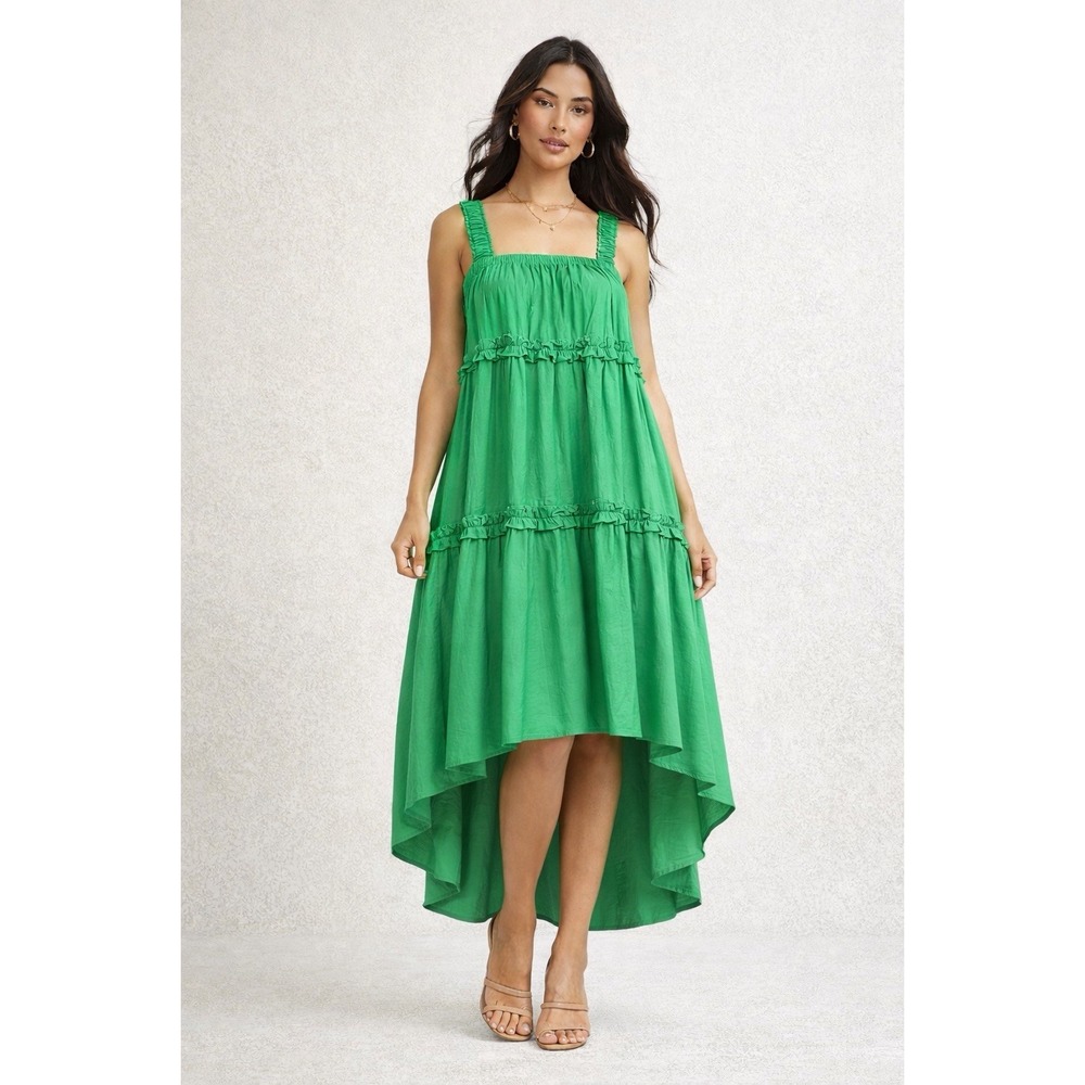 Green 100% Cotton Large Dress Hi-Low Tiered‎ Midi Maxi By Pinch Sleeveless